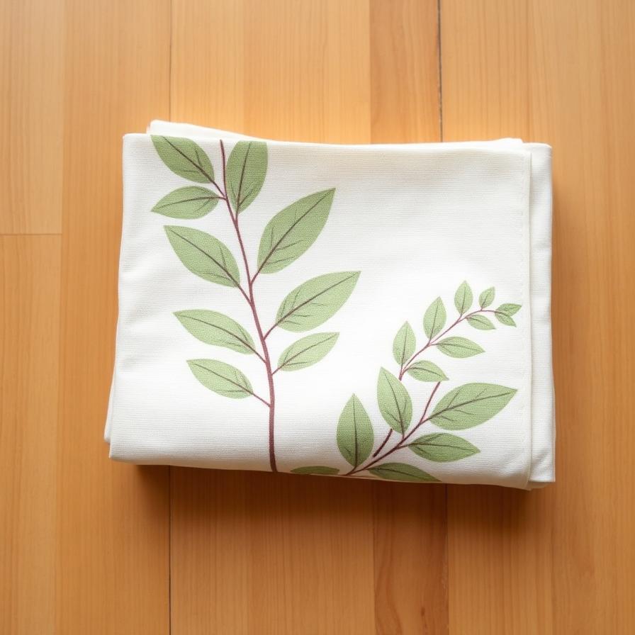 Cremekleurige katoenen stof met groen botanisch bladerenmotief