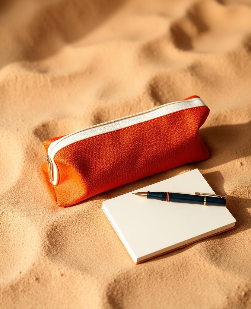 Klein handgemaakt etui in terracotta linnen met cremekleurige rits op warm zand