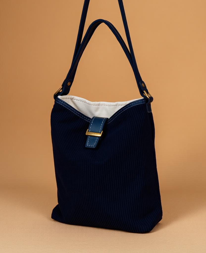 Handgemaakte schoudertas in marine corduroy met messing gesp